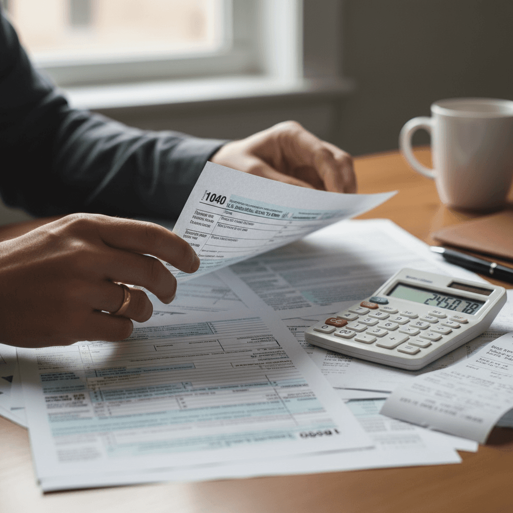 Hands reviewing tax documents with a calculator