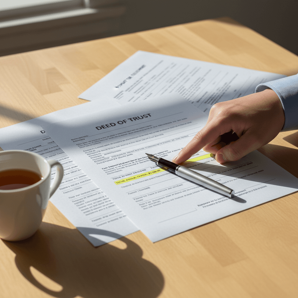 Close-up of property documents and deed on a desk
