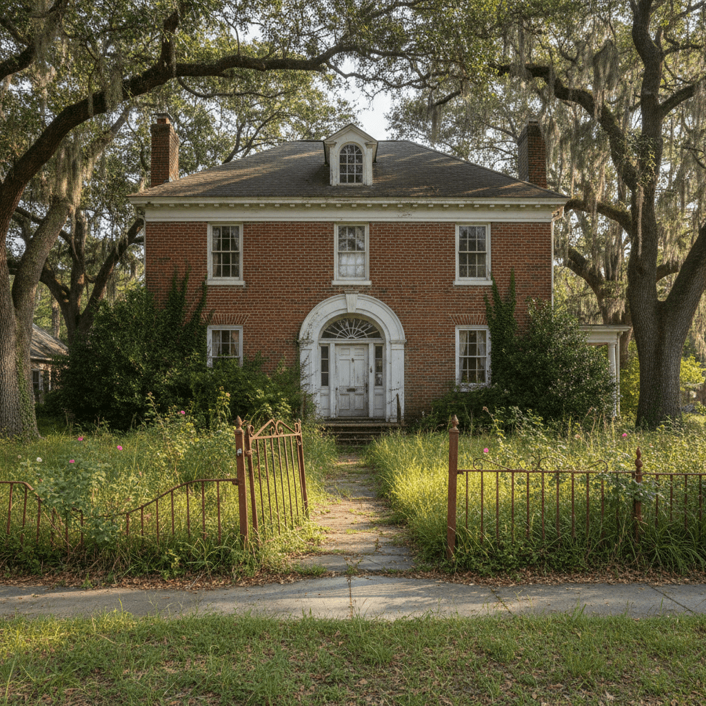 Two-story brick house with overgrown yard from an estate