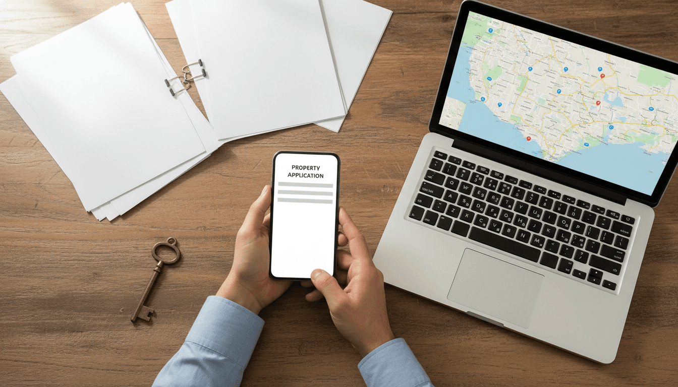 Landlord filling out a simple property form on a smartphone at a desk