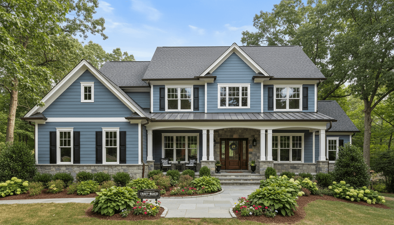 The same house fully renovated with new siding and landscaping
