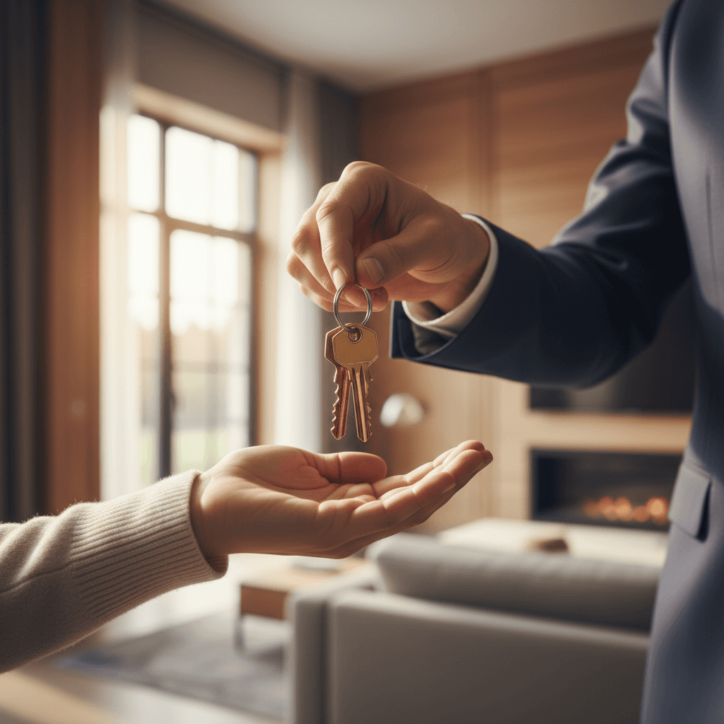 Real estate investor handing keys to a homeowner outside a house