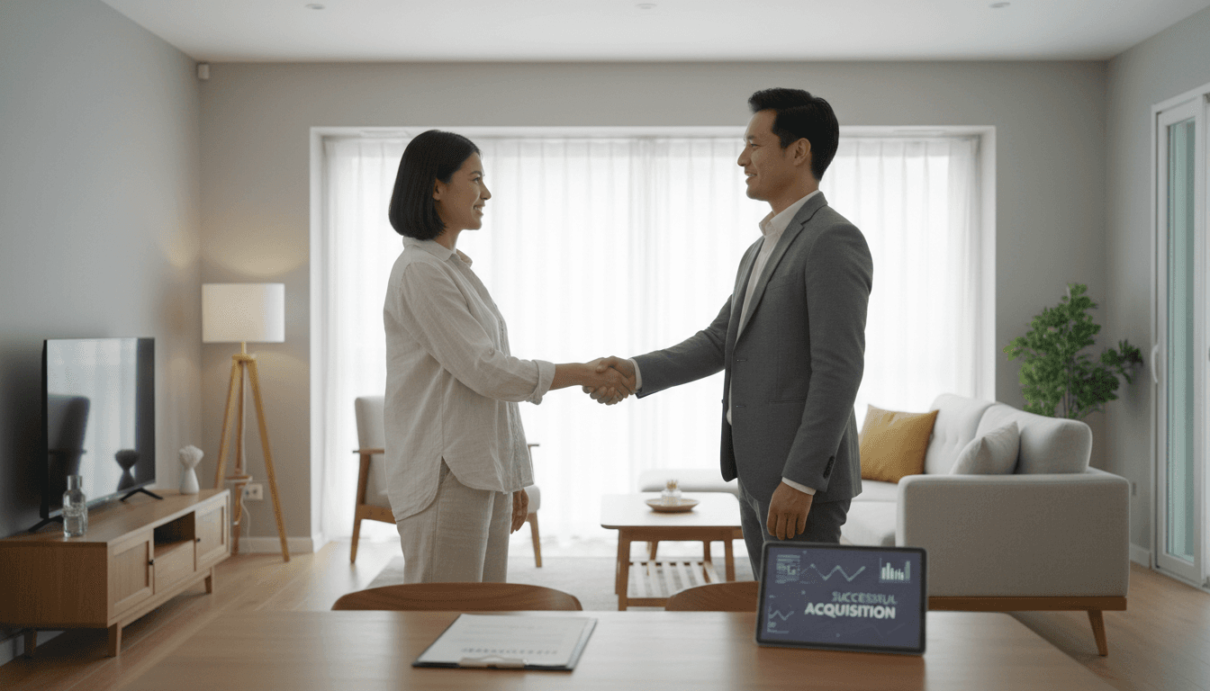 Handshake between a homeowner and a real estate buyer inside a home