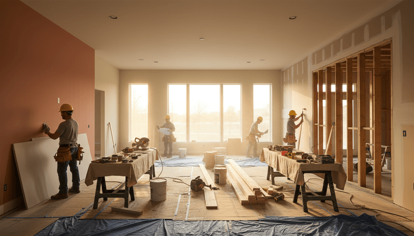 House interior under renovation with exposed framing and construction materials