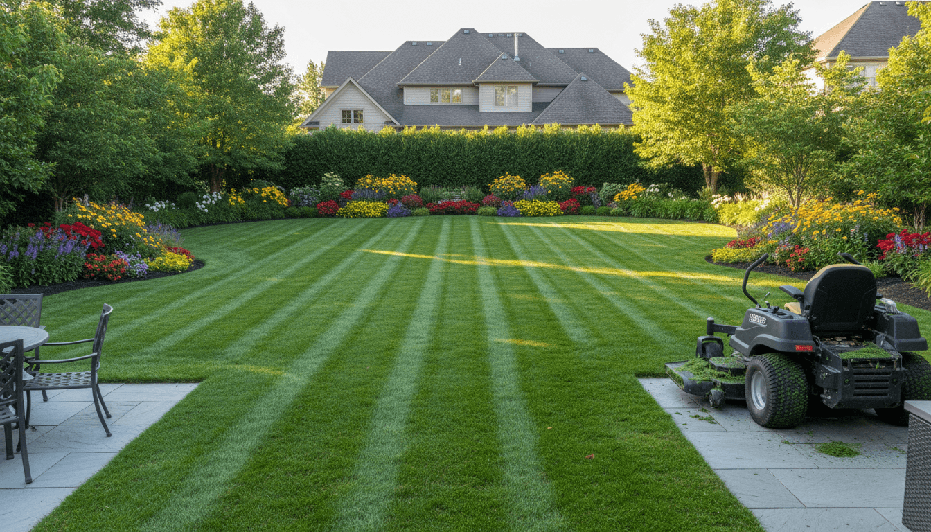 Suburban house with green lawn under blue sky