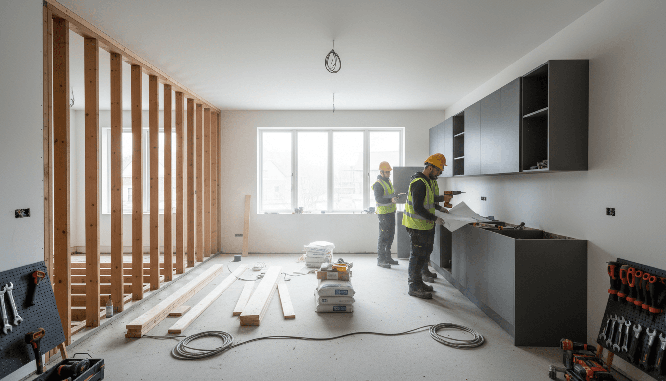 A worker framing walls inside a home we're rehabbing