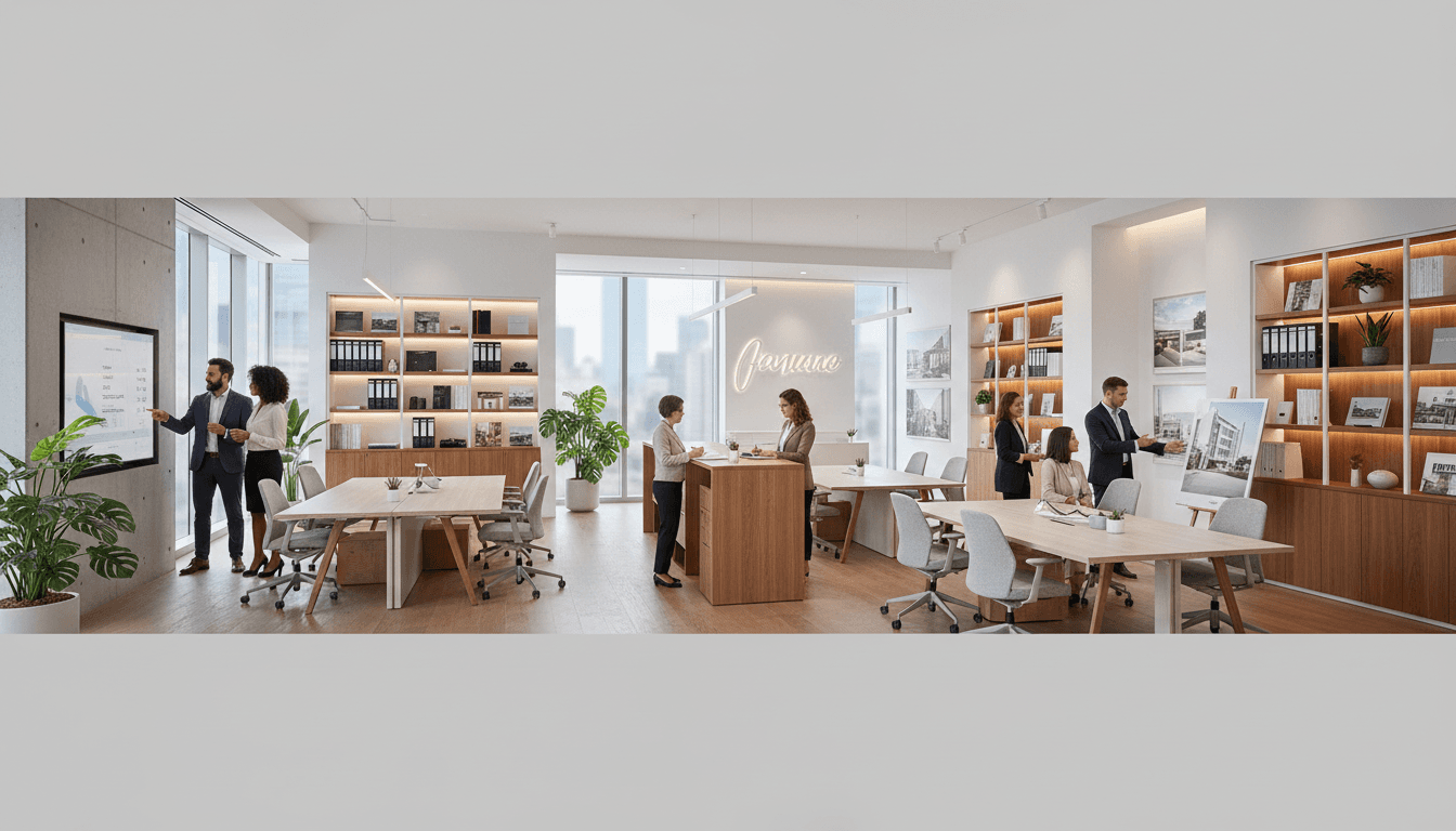 Professional real estate office in Collingswood, New Jersey with warm lighting and modern workspace